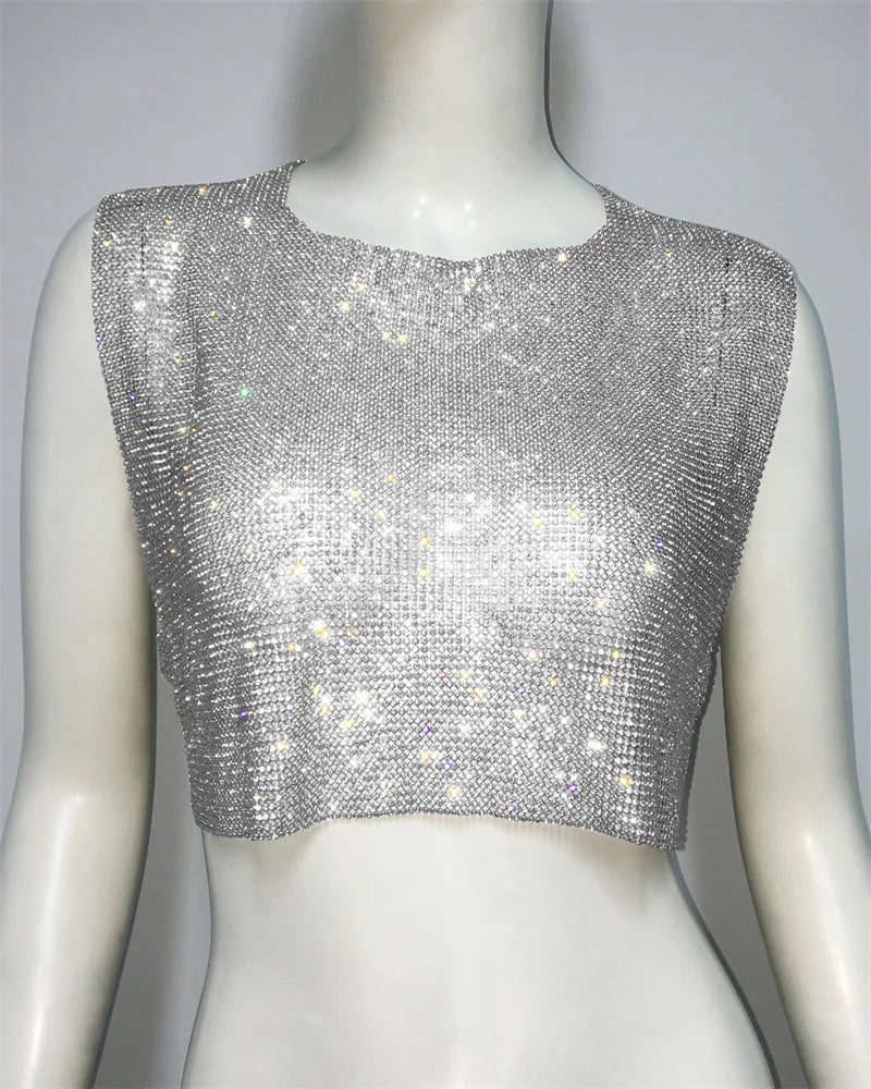 Tops de metal sin espalda para mujer, estilos de verano, ropa de fiesta, club nocturno, tops sexis sin mangas, tops con lentejuelas brillantes, venta al por mayor