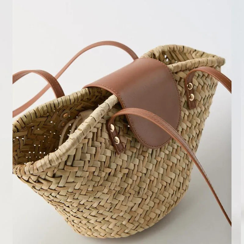 Bolso de mimbre informal para mujer, tejido de mimbre natural, estilo vintage, hecho a mano, para playa, de gran capacidad