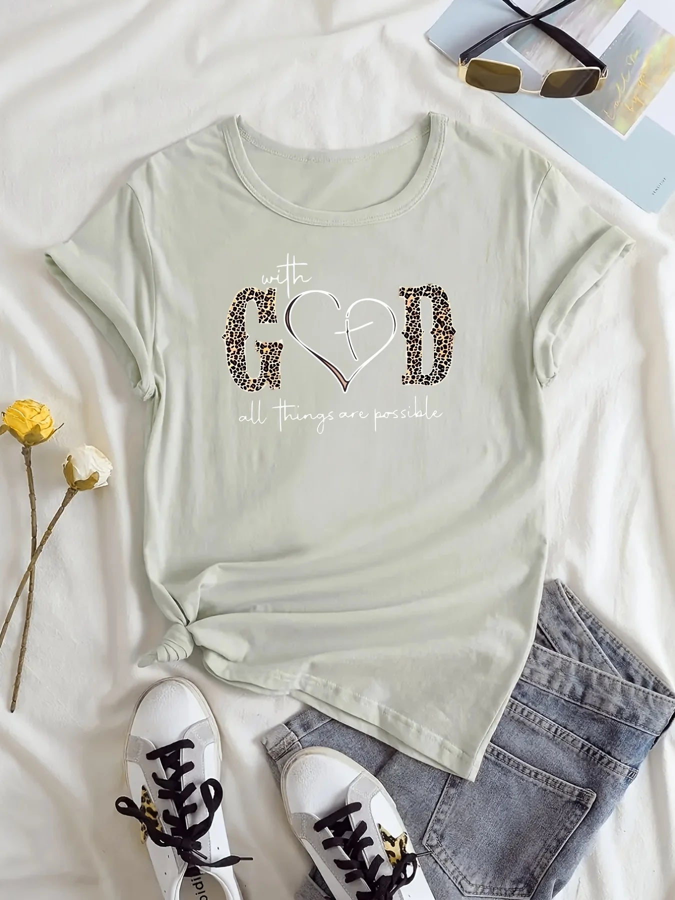 Camiseta con estampado de Dios para mujer, camiseta informal de verano de manga corta y cuello redondo, ropa para mujer, camisetas para mujer