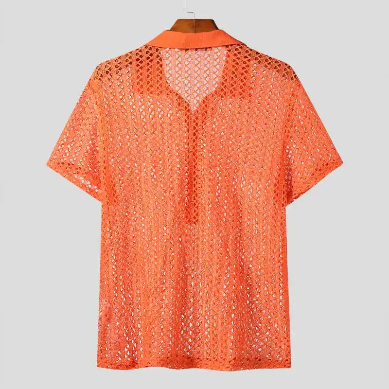 Camisa de moda para hombre, de malla transparente, con solapa hueca, de manga corta, ropa de calle para hombre 2023, camisas sexis de color sólido S-5XL INCERUN