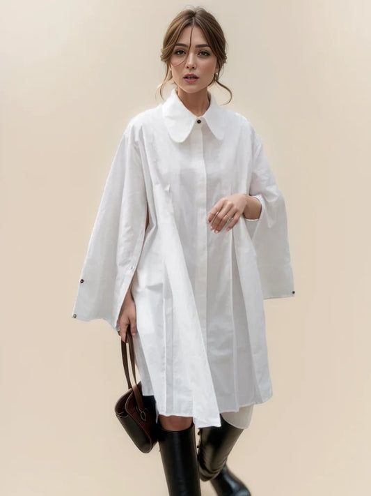 DEAT Fashion Robe chemise à revers pour femmes, ample, simple boutonnage, 65 % coton, manches longues, au-dessus du genou, robes plissées, printemps 2024 7AB2799