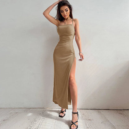 New Women Backless Bandage Bodycon Dress Summer Sexy Halter Neck Split Party Dresses Ladies Casual Solid Long Robe CC22157PF