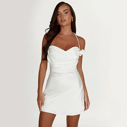 Suninheart Summer White Appliques Party Dress Mini A Line Satin Halter Dress Sexy Strechy Women Dress 2023 New Arrivals