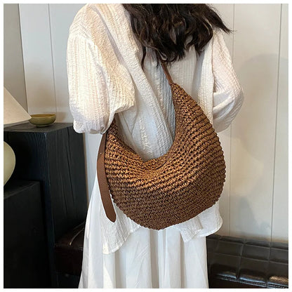 Casual Hobos Straw Women Shoulder Bags Handmade Weave Crossbody Bags Vintage Simple Summer Beach Bag Large Capacity Tote Purses