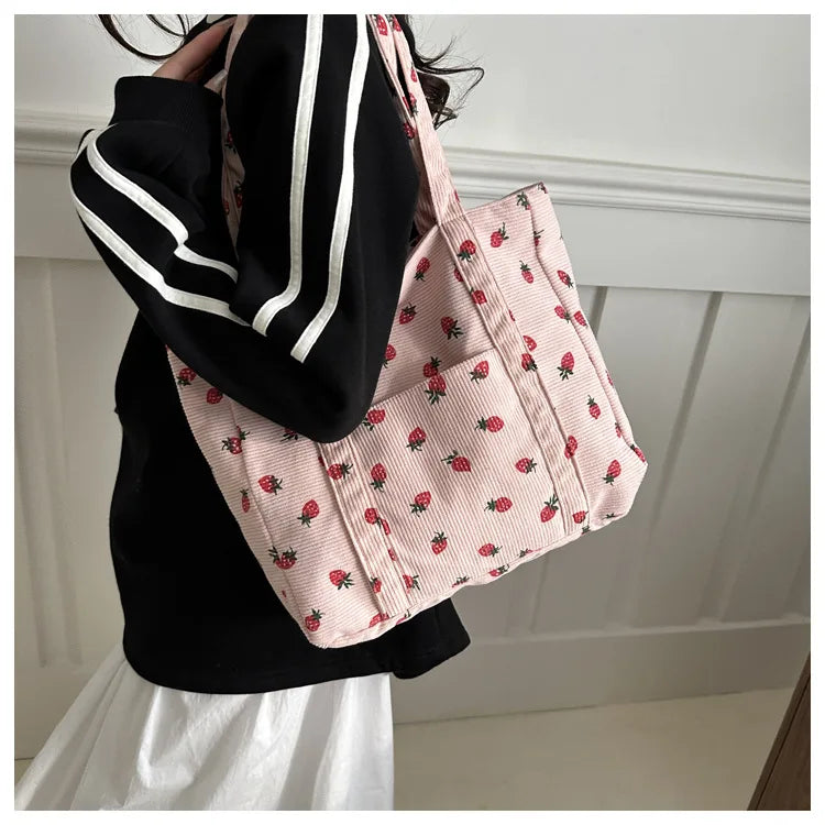 Sac fourre-tout décontracté à motif de fraises, grande capacité, sacs à bandoulière pour femmes, sacs à main chics et simples, grand sac de courses en nylon, sacs à main pour étudiants