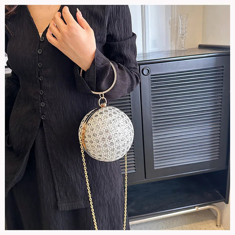 Women Evening Day Clutch Colorful Crystal Diamonds Round Ball Shaped Clutches Lady Handbag Wedding Purse Chain Shoulder Bag