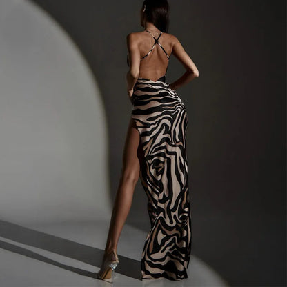 Dulzura Zebra Pring Maxi Dress For Women Side Slit Lace Patchwork Backless Long Dress Sexy Party Club Outfits 2024 Summer