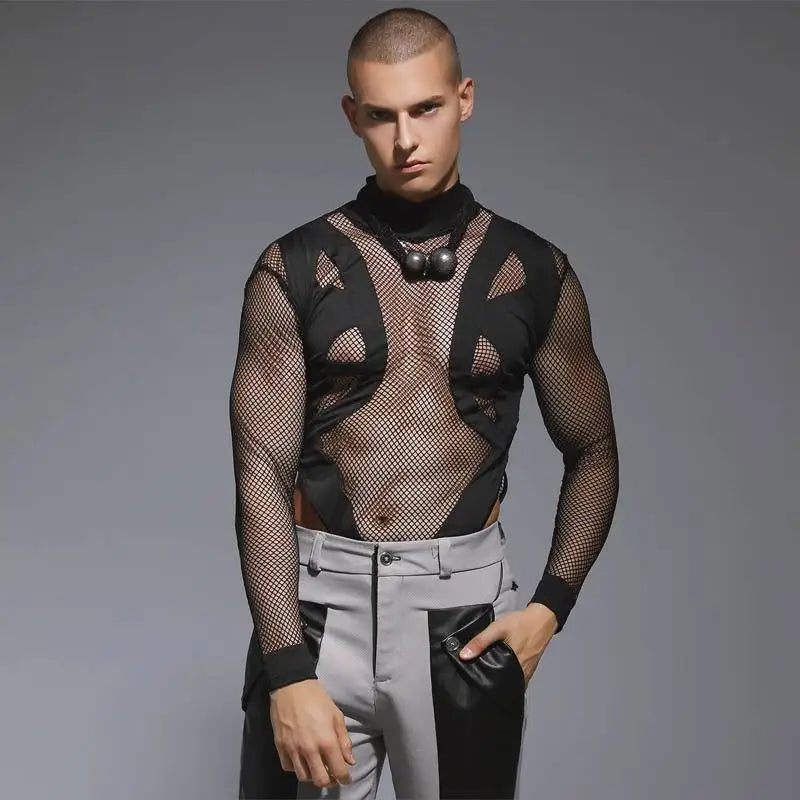 2023 Body pour hommes en maille patchwork sexy col roulé à manches longues t-shirts streetwear transparent mode body pour hommes INCERUN