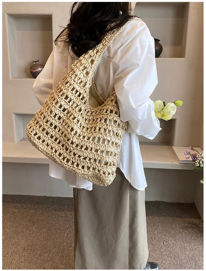 Casual Hollow Straw Women Shoulder Bags Handmade Woven Large Capacity Tote Bag Summer Beach Handbags Simple Bali Purses 2024