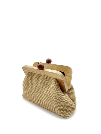 Fashion Wooden Clip Shell Clutch Bags for Women Straw Chains Shoulder Crossbody Bags Casual Summer Beach Bag Elegant Party Purse