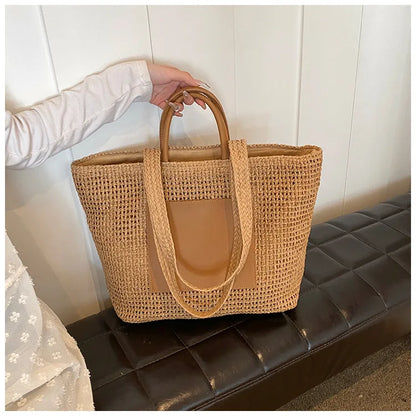 Casual Large Capacity Straw Tote Bag Hollow Paper Weave Women Shoulder Bags Handmade Summer Beach Handbag Big Bali Shopper Purse