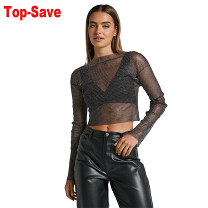 Traje de baño para mujer, camiseta de malla transparente con diamantes, top sexy de rejilla ahuecado con diamantes de imitación, top de manga larga para fiesta en la playa, pareo de bikini