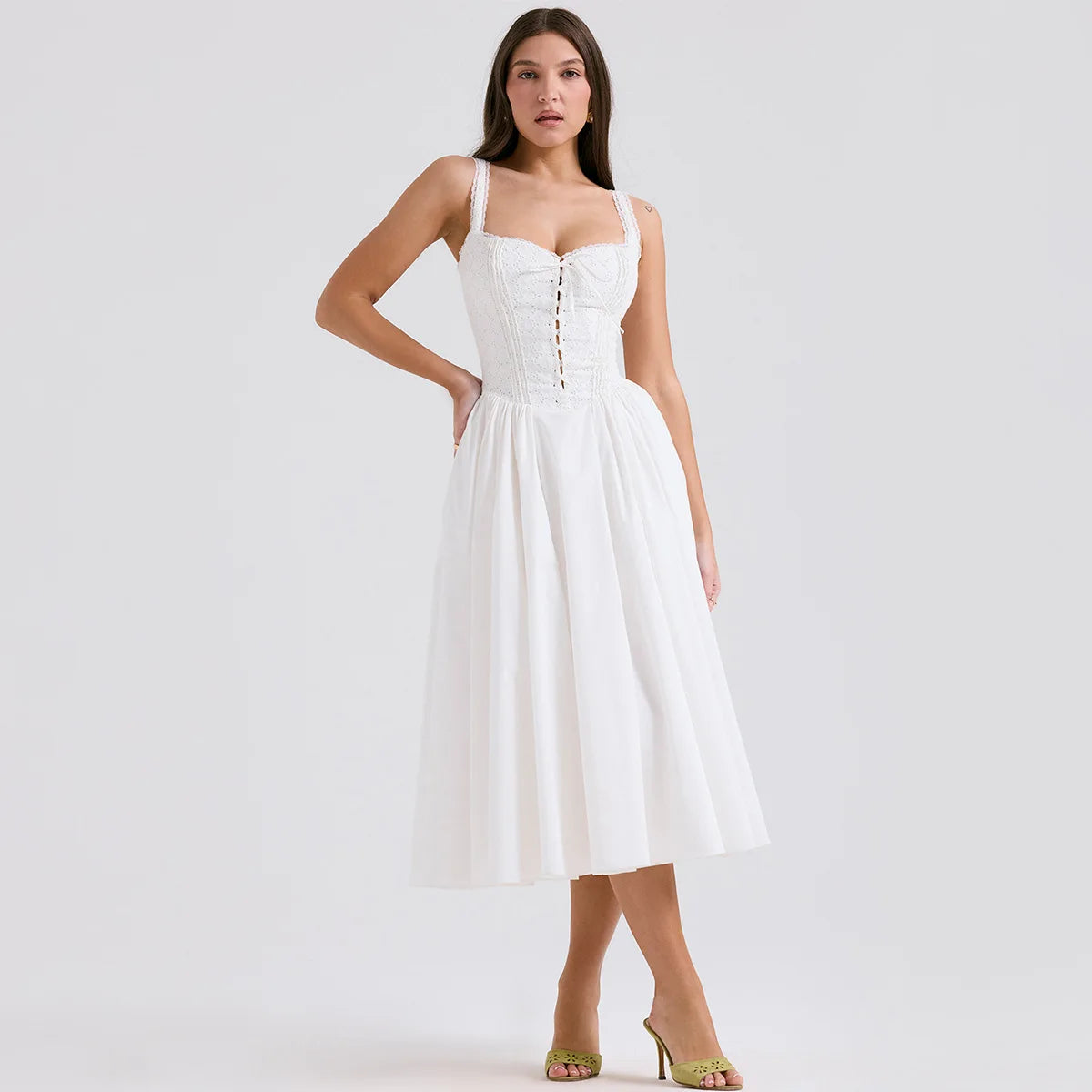 Robe de vacances d'été blanche Suninheart 2024 Robe mi-longue élégante en jacquard à bretelles spaghetti et à lacets Robes de soirée Vêtements pour femmes