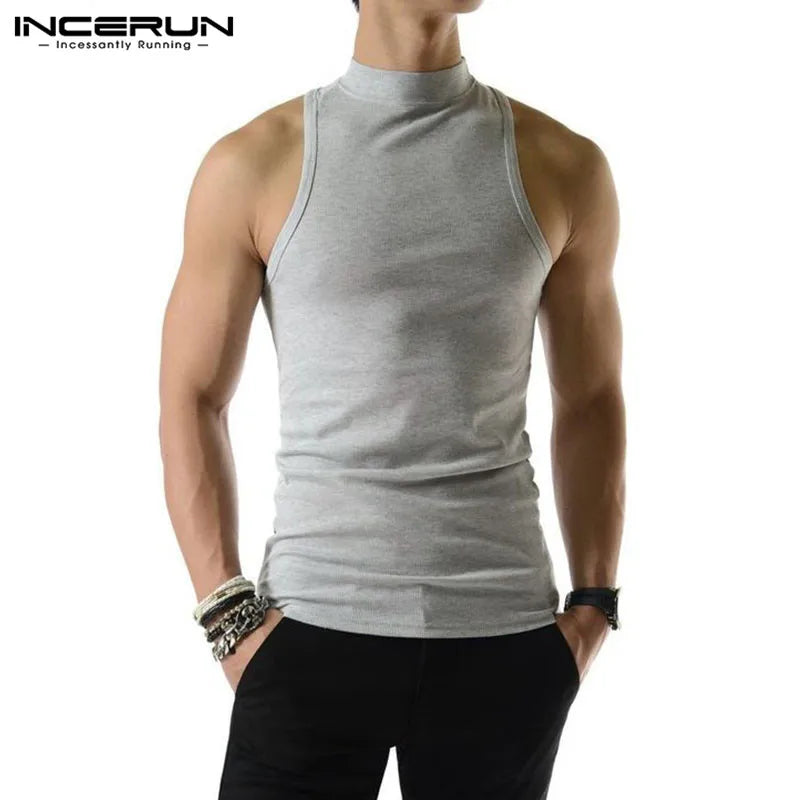 2023 Camisetas sin mangas para hombre, de color liso, cuello alto, sin mangas, de punto, informales, ropa de calle de verano, ropa de moda para hombre INCERUN S-5XL