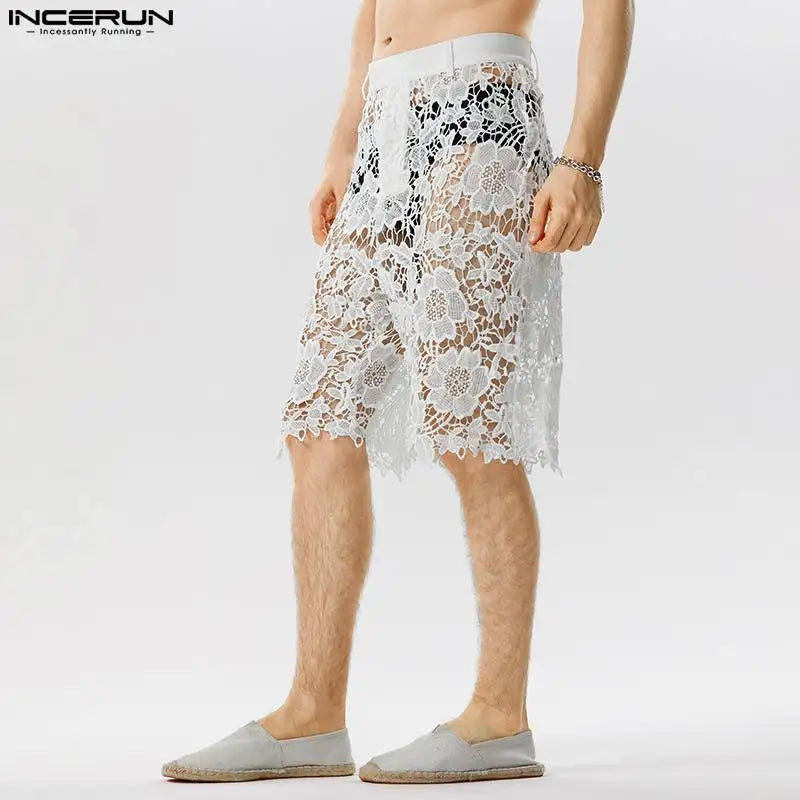 Short élégant et bien ajusté pour homme INCERUN Short en dentelle imprimé ajouré pour soirée décontractée Short en maille transparente sexy S-5XL