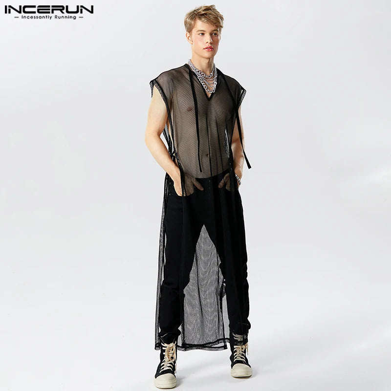 Hauts de style décontracté élégant INCERUN pour hommes Sexy Transparent Mesh Long-style Débardeurs Homme Col en V Sangle Sans Manches Gilets Minces S-5XL