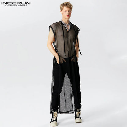 Hauts de style décontracté élégant INCERUN pour hommes Sexy Transparent Mesh Long-style Débardeurs Homme Col en V Sangle Sans Manches Gilets Minces S-5XL