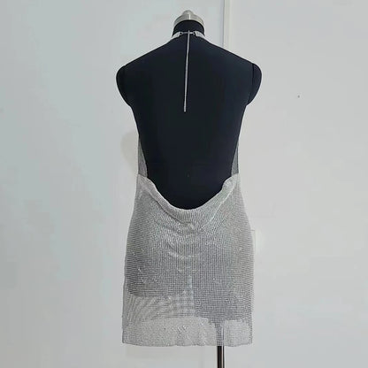 Vestido de mujer hecho a mano de metal con cristales y espalda descubierta, cadena para el cuerpo, accesorios de diamantes de imitación, vestidos de fiesta de cumpleaños número 21, minivestidos