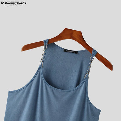 Sexy Stylish Style Tops INCERUN New Men's Metal Chain Suspender Vests Fashion Casual Streetwear Sleeveless Solid Tank Tops S-5XL