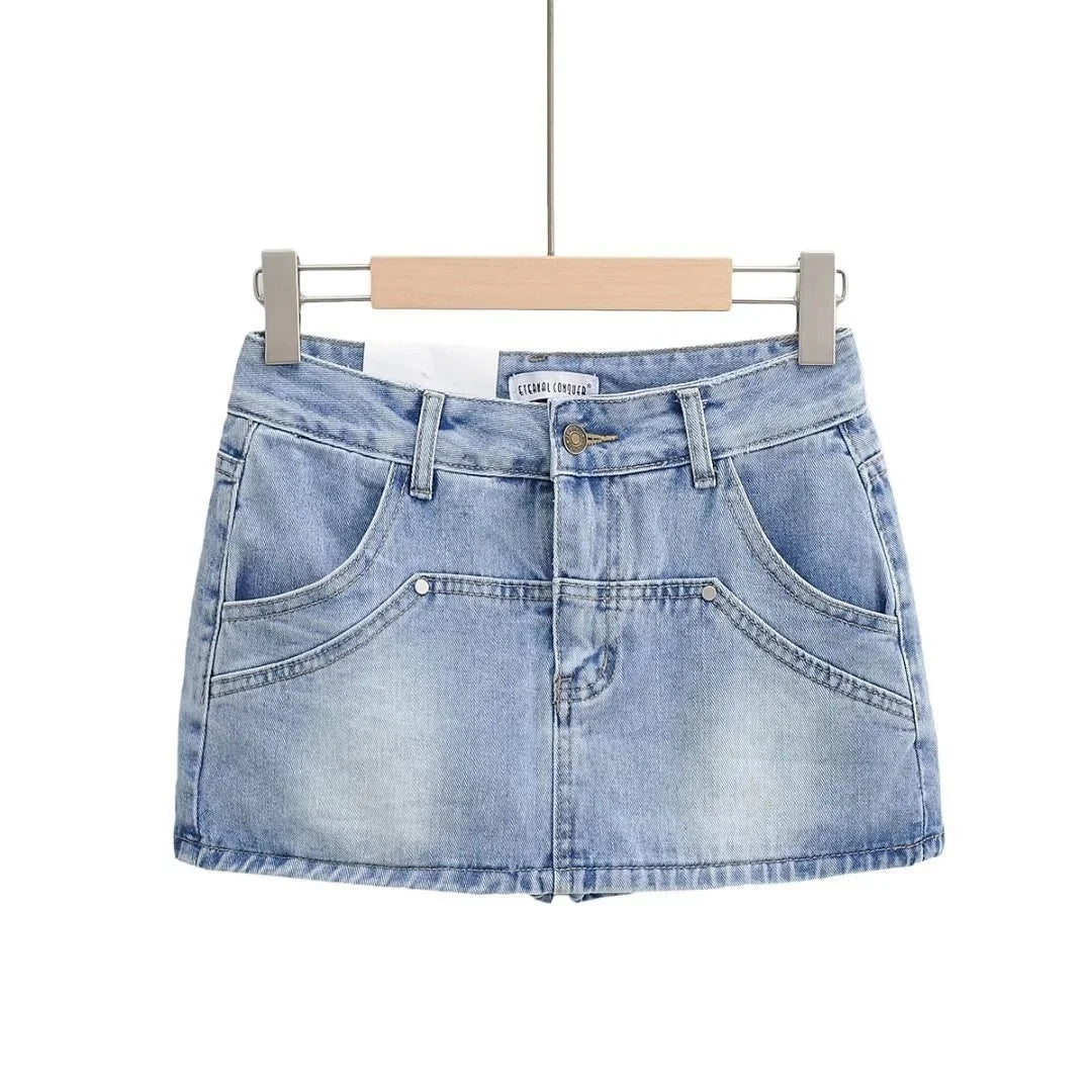 DEAT Mode Femmes Jupe A-ligne Épissé UltraShort Denim Poche Taille Haute Mince Couleur Unie Jupes Printemps 2024 Tendance Nouvelle 17A5641