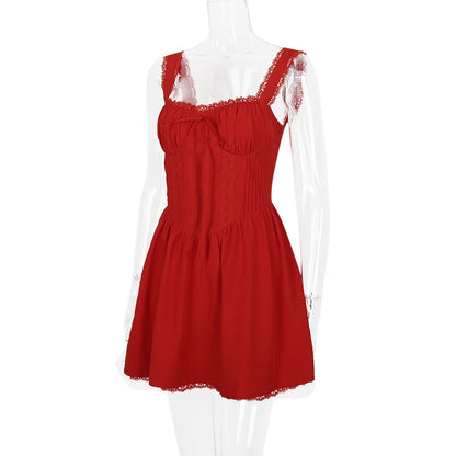 Suninheart Summer Dresses for Women 2023 Red Spaghetti Strap A Line Dress Lovely Elegant Lace Up Party Dress Mini Vacation Dress