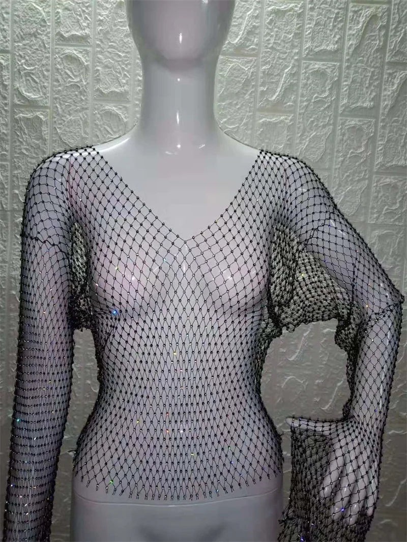 Tops cortos transparentes con diamantes de cristal para mujer, ropa de playa ahuecada, tops brillantes y sexis a la moda para fiestas y clubes, envío directo, verano 2022