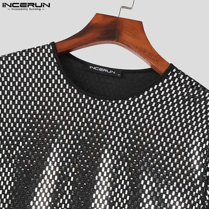 2024 Camiseta para hombre con lentejuelas brillantes, cuello redondo, manga corta, ropa holgada para hombre, ropa de calle, fiesta, moda informal, camisetas S-5XL INCERUN