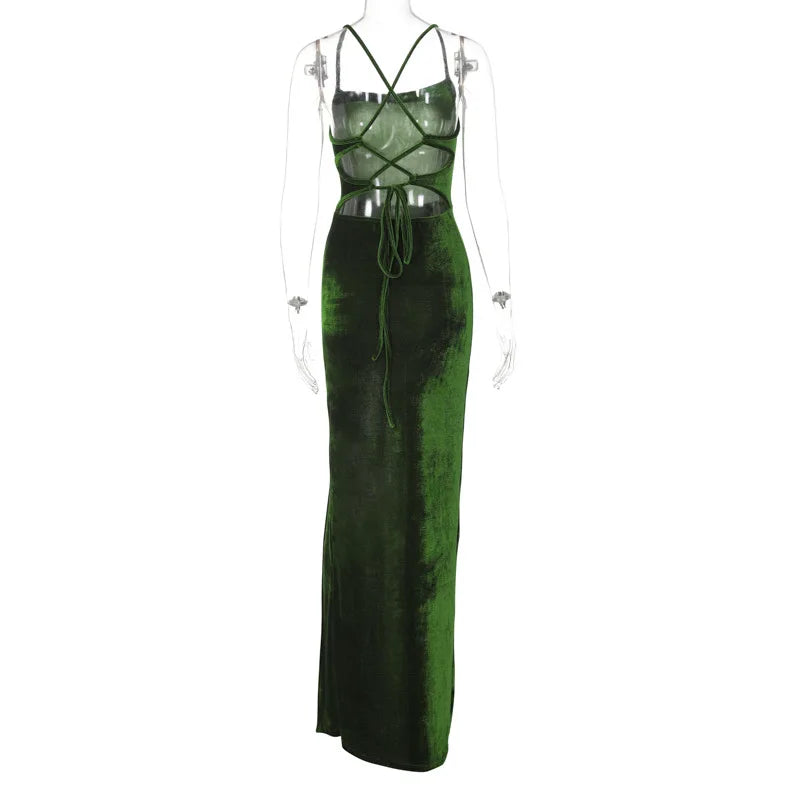 Dulzura - Vestido largo con cordones y tirantes de terciopelo verde para mujer, con abertura lateral, espalda descubierta, ajustado, sexy, para fiesta de graduación, elegante, para fiesta de cumpleaños