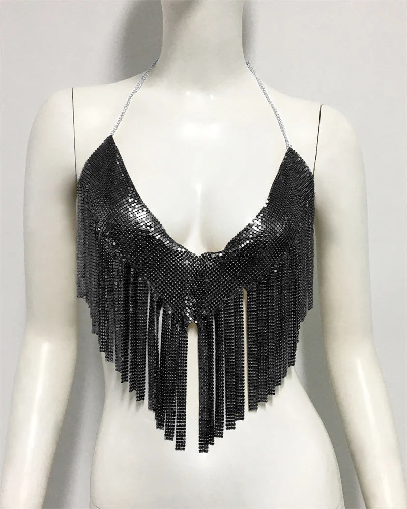 Top corto de fiesta con borlas y lentejuelas metálicas brillantes para mujer, diseño de cuello halter sin espalda, camisetas sin mangas de metal con lentejuelas, ropa de club nocturno