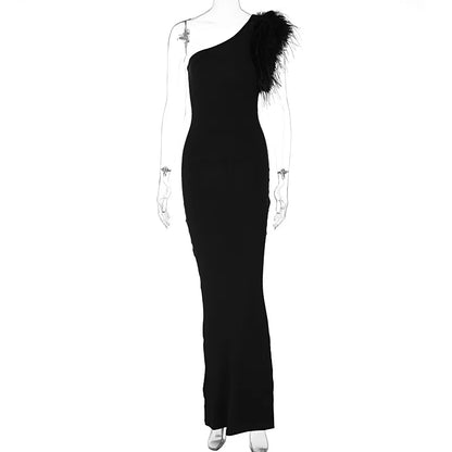 Dulzura Black Sleeveless One Shoulder Feather Maxi Dress For Women Bodycon Sexy Party Elegant Long Dress Birthday Evening Outfit