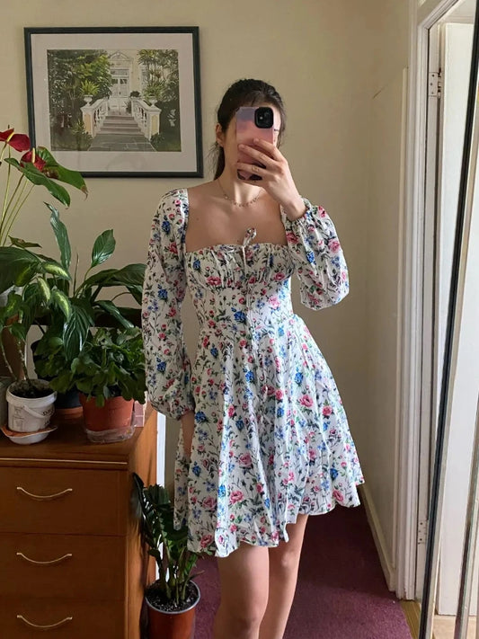 Soldes !! Robe d'été à manches lanternes, robe à manches longues, imprimé floral, cordon de serrage, élégante, ligne A, robe de fête, de vacances, pour femmes