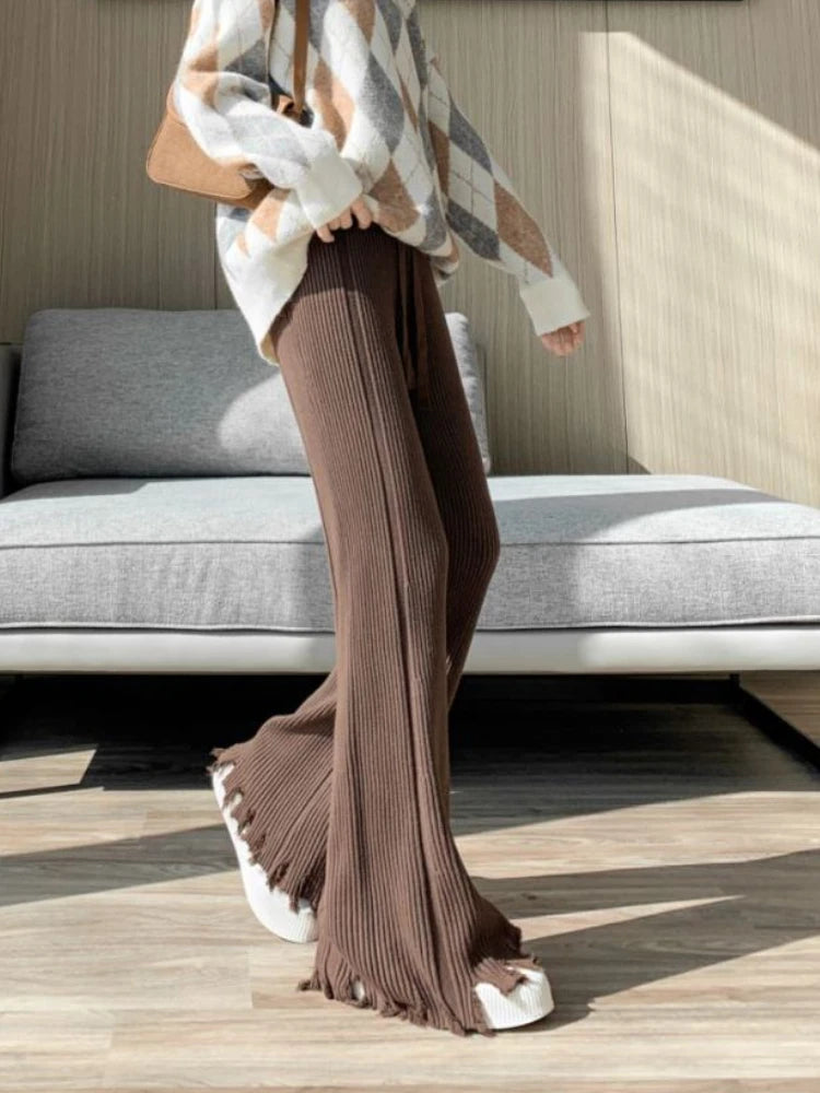 Suninheart Tassels Wide Leg Knitted Pants Women Winter Stripe Loose Trousers Femme Casual Full Length Warm Sweater Pants 2022