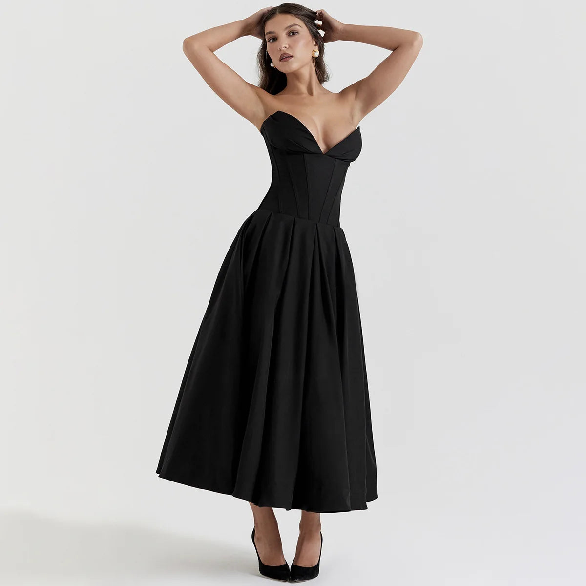 Robe de mariée élégante noire Suninheart Robe corset sexy sans bretelles Robe mi-longue de fête de Noël pour femmes Vêtements 2023