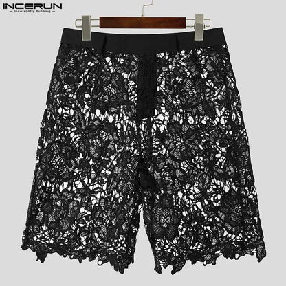 Short élégant et bien ajusté pour homme INCERUN Short en dentelle imprimé ajouré pour soirée décontractée Short en maille transparente sexy S-5XL