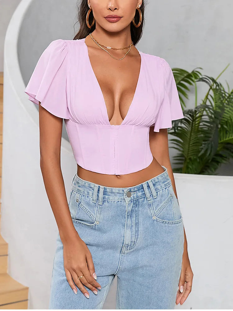 Suninheart Summer Sexy Chiffon Pleated Top Women Ruffle Short Sleeve Corset Top Casual Female's Blouse 2024