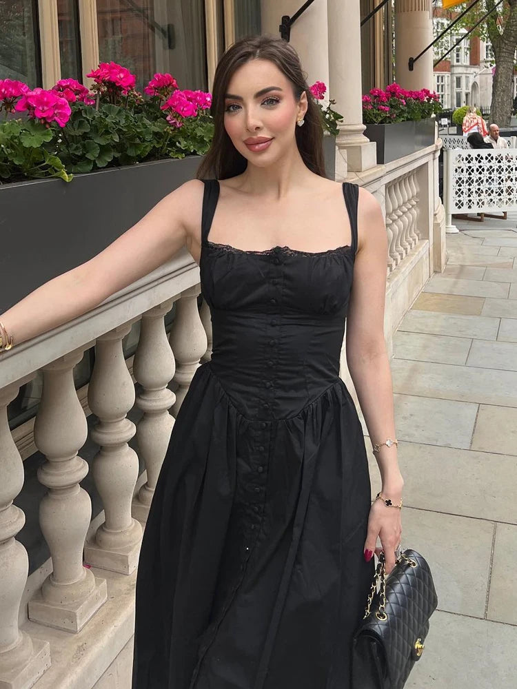 Suninheart Summer Black Holiday Party Dresses Elegant Spaghetti Strap Midi Lace Up Dress Black Casual Women New In Dress 2023