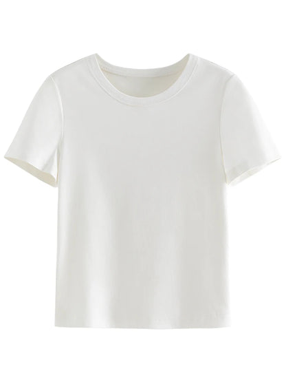 FSLE White Slim All-match Short-sleeve T-shirt for Women Spring Summer Basic Round Neck Bottoming Top Female 24FS11210+24FS11209