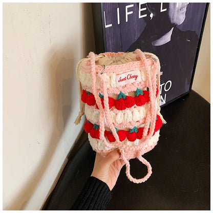 Handmade Woven Cherry Woolen Bag Fresh Fruit Woven Bag Crochet Knitted Bag Leisure String Shoulder Crossbody Bag 2024 New