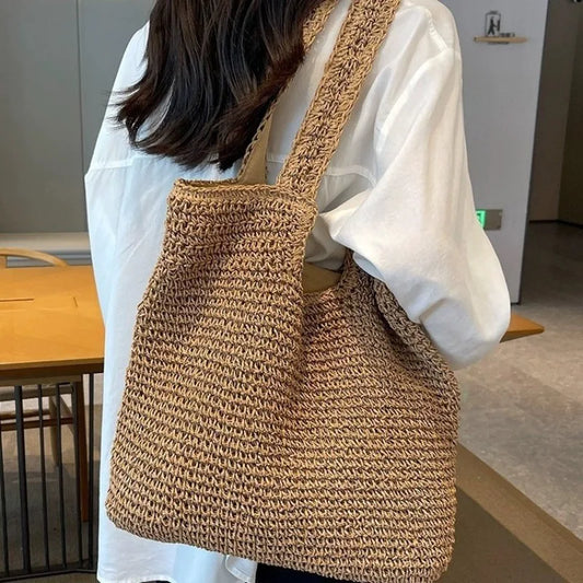 Casual Large Capacity Straw Tote Bag Weave Women Shoulder Bags Handmade Summer Beach Handbags Big Bali Shopper Purses 2024