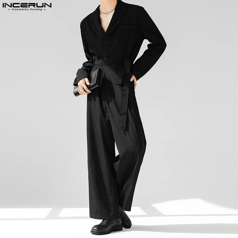 Fashion Casual Style Bodysuit INCERUN 2024 New Men's High-end Suit Collar Design Rompers Solid Color Long Sleeved Jumpsuit S-5XL