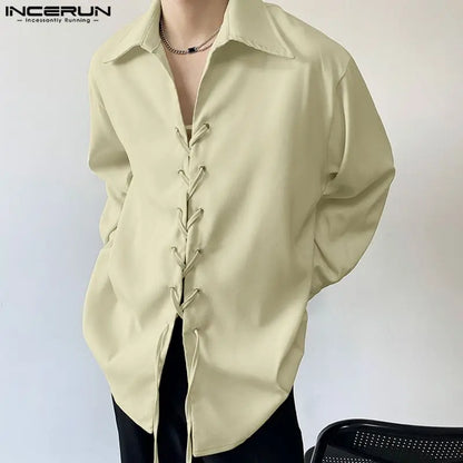 2023 Men Shirt Solid Color Lapel Long Sleeve Lace Up Men Clothing Korean Streetwear Fashion Loose Casual Shirts S-5XL INCERUN