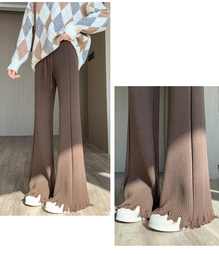 Suninheart Tassels Wide Leg Knitted Pants Women Winter Stripe Loose Trousers Femme Casual Full Length Warm Sweater Pants 2022