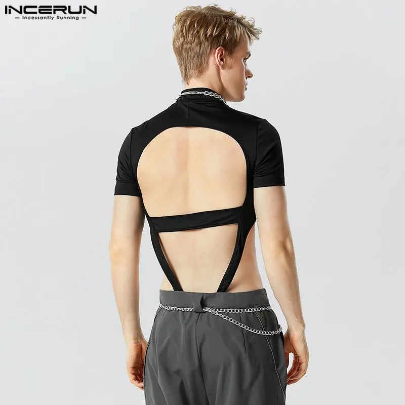 Fashion Men's Homewear Jumpsuits INCERUN 2024 Symmetric Hollow Design Short Sleeve Half High Neck Solid Triangle Bodysuits S-5XL