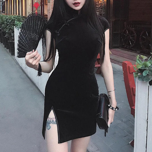 Goth Dark Women Dress Cheongsam Chinese Style Skinny Mini Dress Streetwear Sexy Vintage Haraiuku Summer Women Clothing Slim 2023