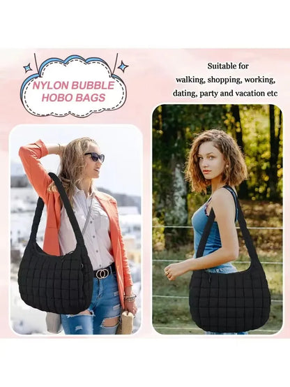 Bolsos de hombro casuales con frunces para mujer, bolsos cruzados acolchados, bolsos de mano de nailon de gran capacidad, bolsos grandes para compras