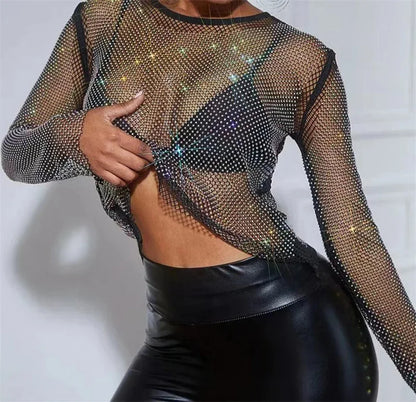 Top corto con diamantes brillantes hecho a mano para mujer, top corto sexy con agujeros, camisetas sin mangas cortas para discoteca, chaleco de tubo negro brillante, top con diamantes