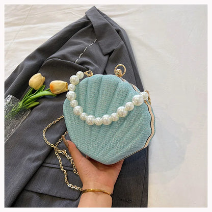 Bolso de hombro estilo marca, bolso de concha con cadena de perlas, bolso cruzado de lentejuelas de moda para mujer, bolso de noche