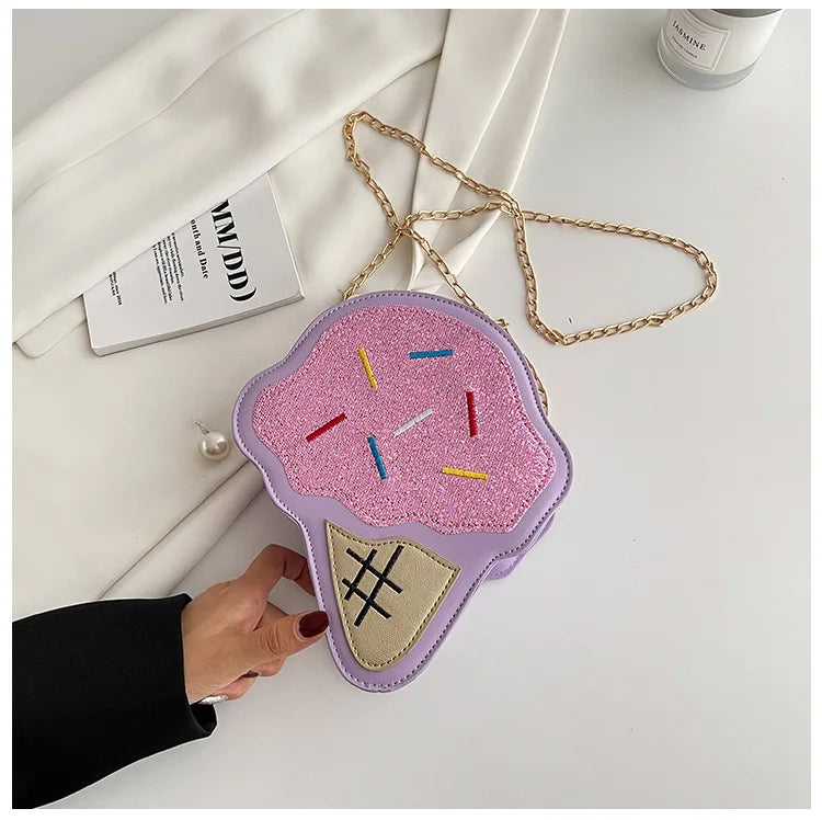 Ice CreamShape Shoulder Bag Style Cartoon Sequins Crossbody Bag Women Cute Chain Small Handbag