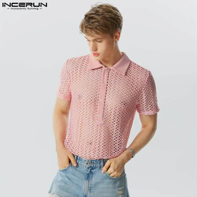 Camisa de moda para hombre, de malla transparente, con solapa hueca, de manga corta, ropa de calle para hombre 2023, camisas sexis de color sólido S-5XL INCERUN