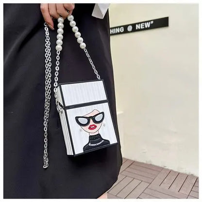 Petit sac à bandoulière pour femme, sac en forme de étui à cigarettes amusant, sac à lunettes tendance pour fille, sac à chaîne avec poignée en chaîne de perles, sac à boîte